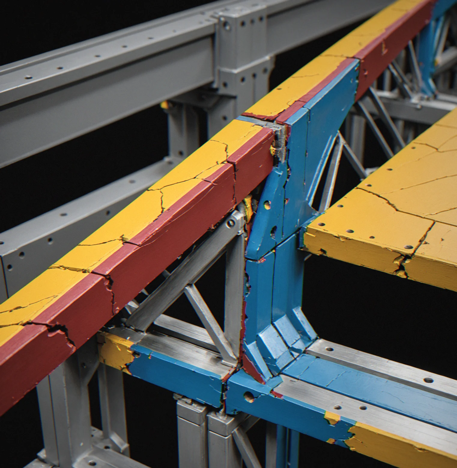 Cross-section of truss joint showing stress fielld with deep red peak at 25-degree angle corner, surrounding material in yellow and blue