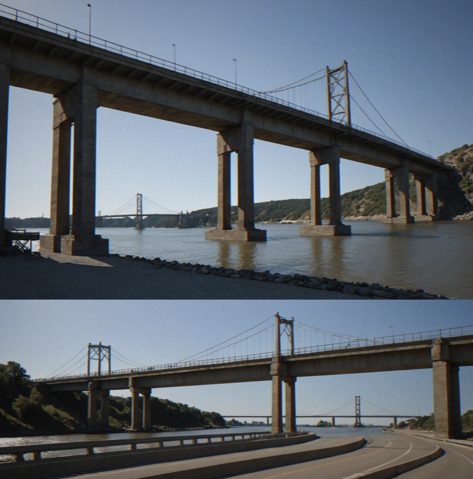 Time-series animation frames showing load vector moving across beam span with structure reaction forces updating at each stage