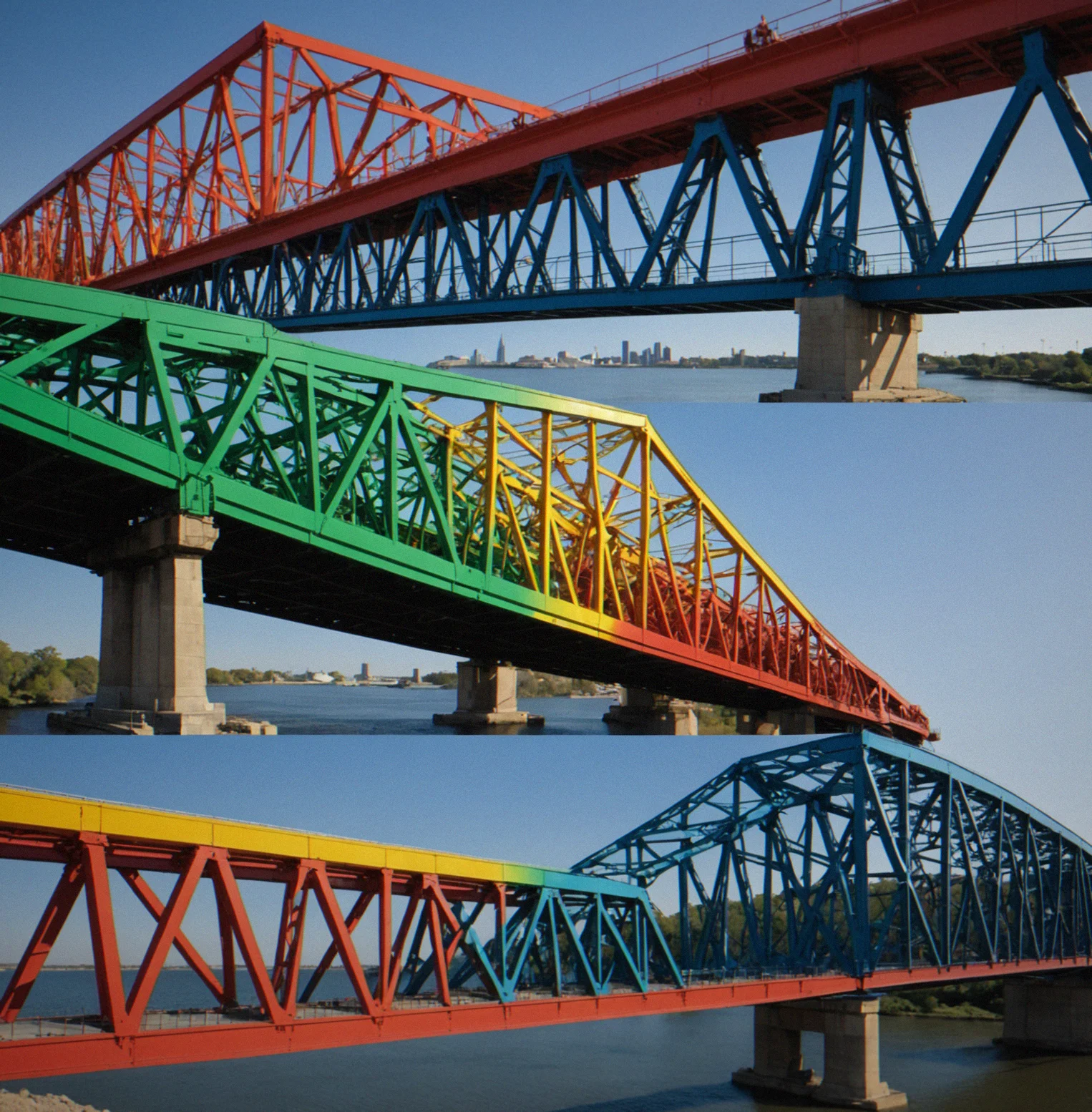 Truss structure with color-coded member forces showing load flow from support to load point, hot colors indicating high stress members