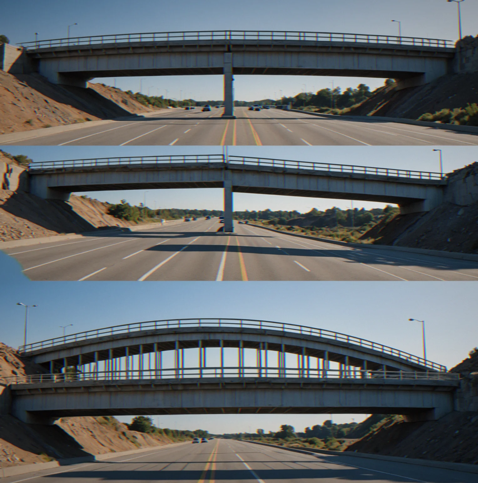 Four sequential frames showing structure under increasing load: first cracking at joint, then member yielding, then joint separation, final collapse