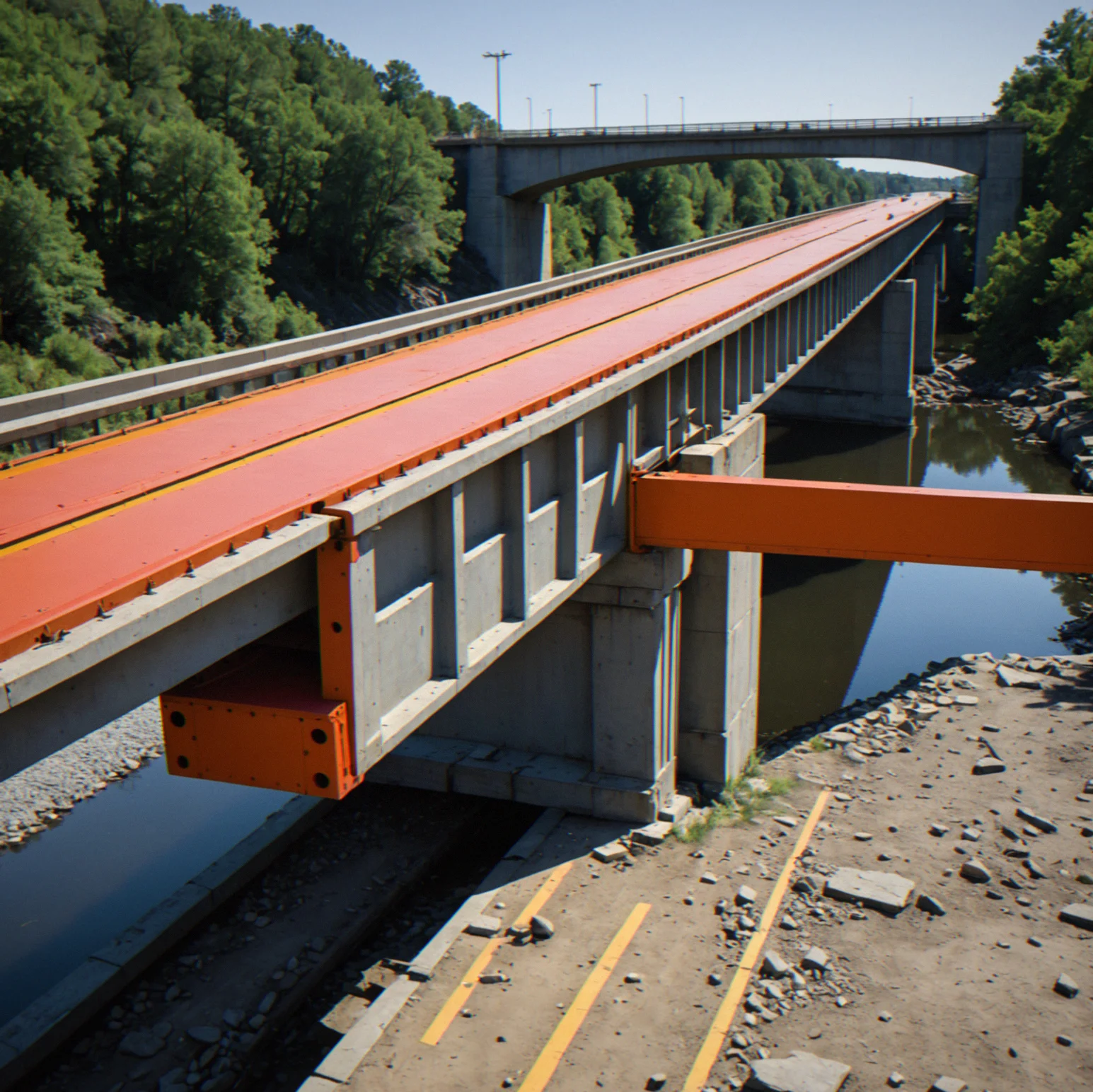 Beam stuck at one end and loaded across its length. Red shows where the bending stress mxaes out near the fixed end, orange marks the shear zones nearby